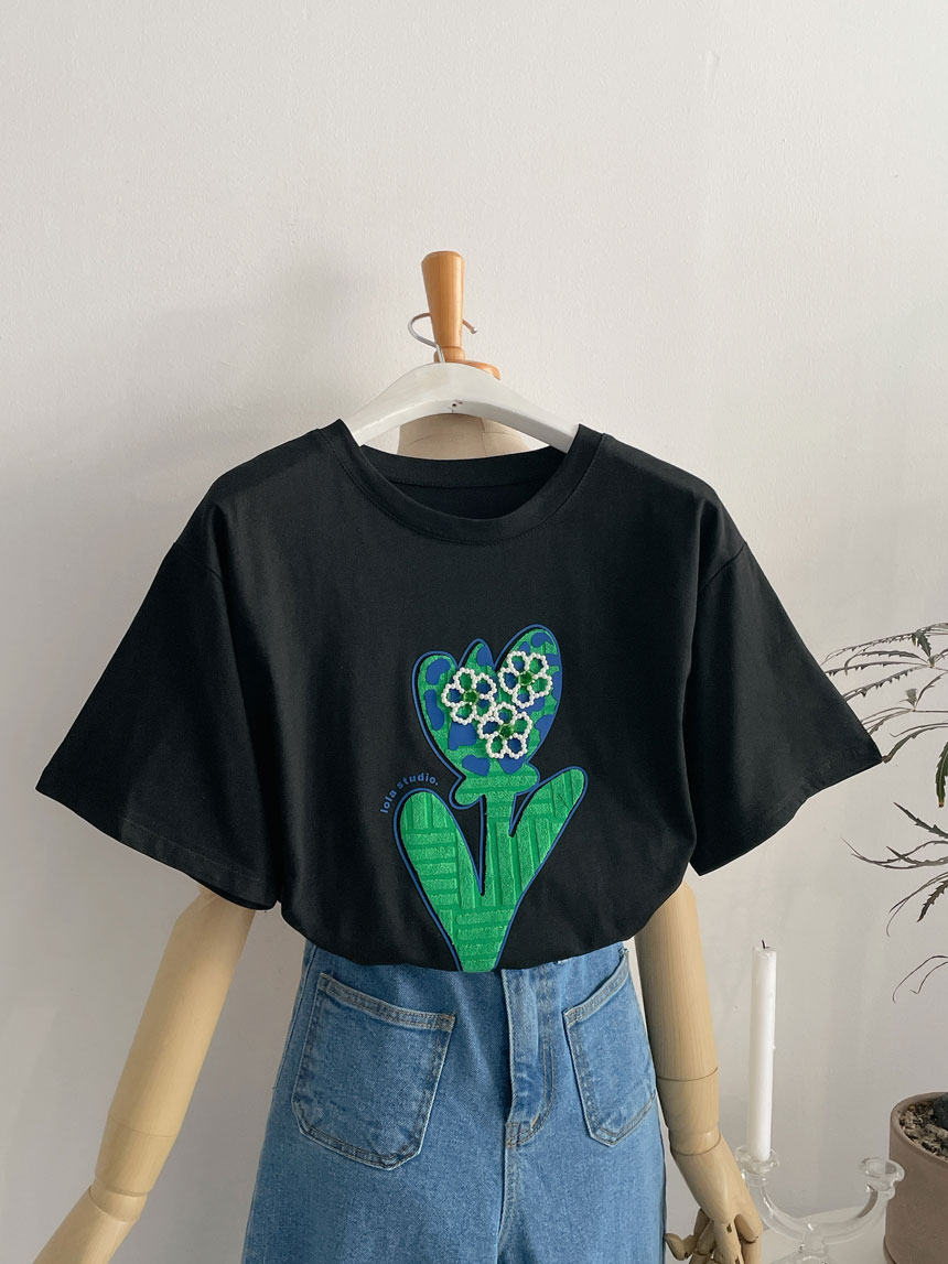 [무배] 초록 비즈 꽃 프린트 반팔 박스 티셔츠