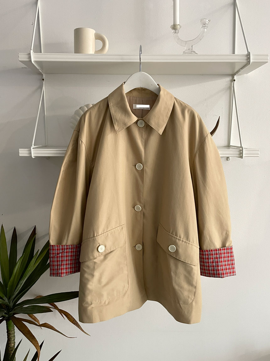 [SALE] 로썸 체크배색 하프 자켓 코트 둥근 소매