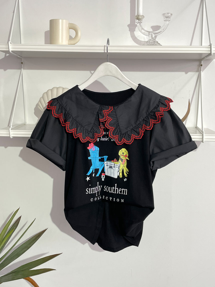 [무배] 댕댕이 레이스 카라 반팔 티셔츠